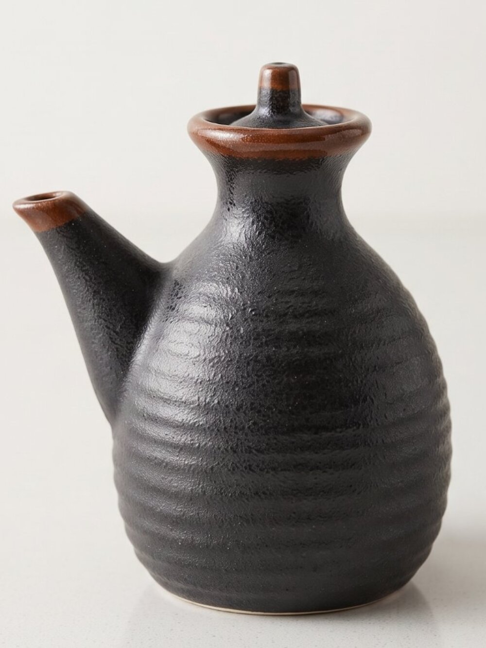 Miyake Ceramic Sauce Pot with Lid Dark Brown 5” Pour Spout - Asian Style
